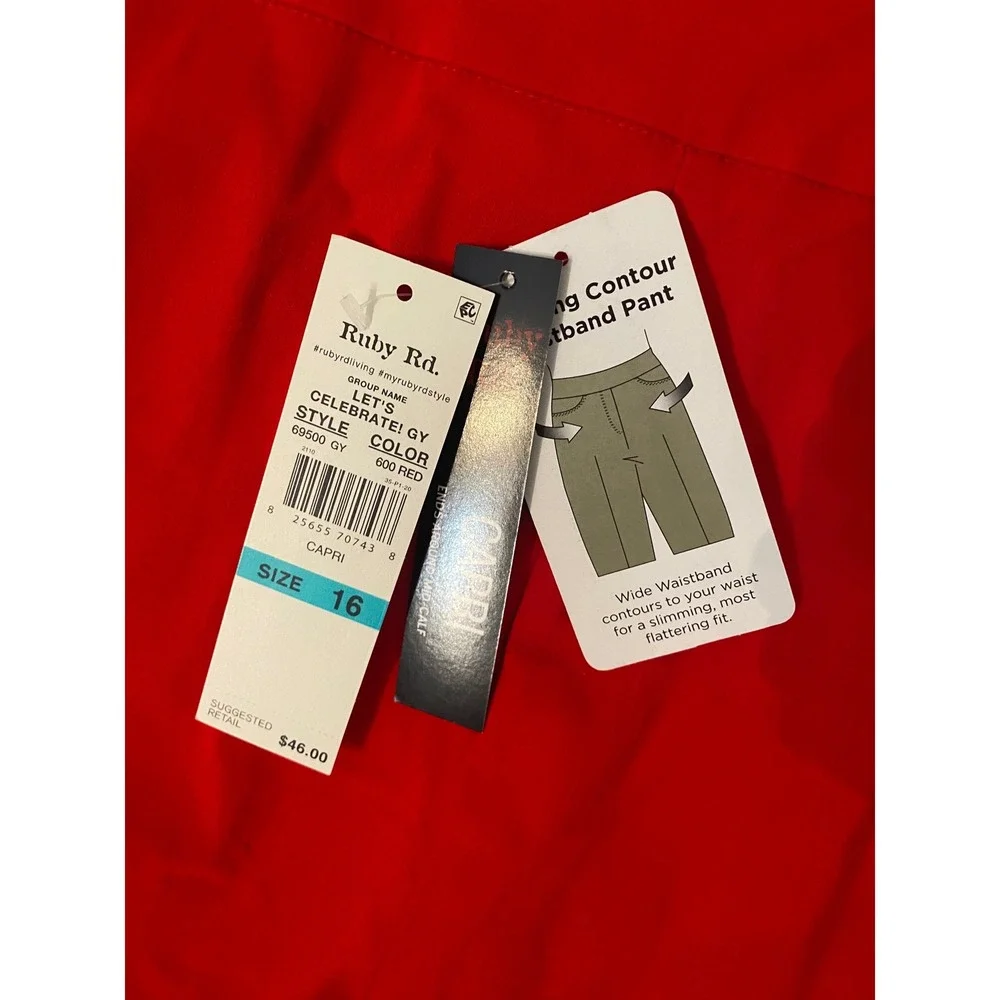 Ruby‎ Rd Womens Red Capri Pants Slimming Contour Waistband Lattice Hem 16 NEW